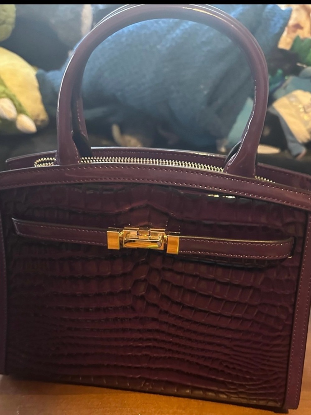 Structured Croc-Embossed Satchel Handbag in Plum